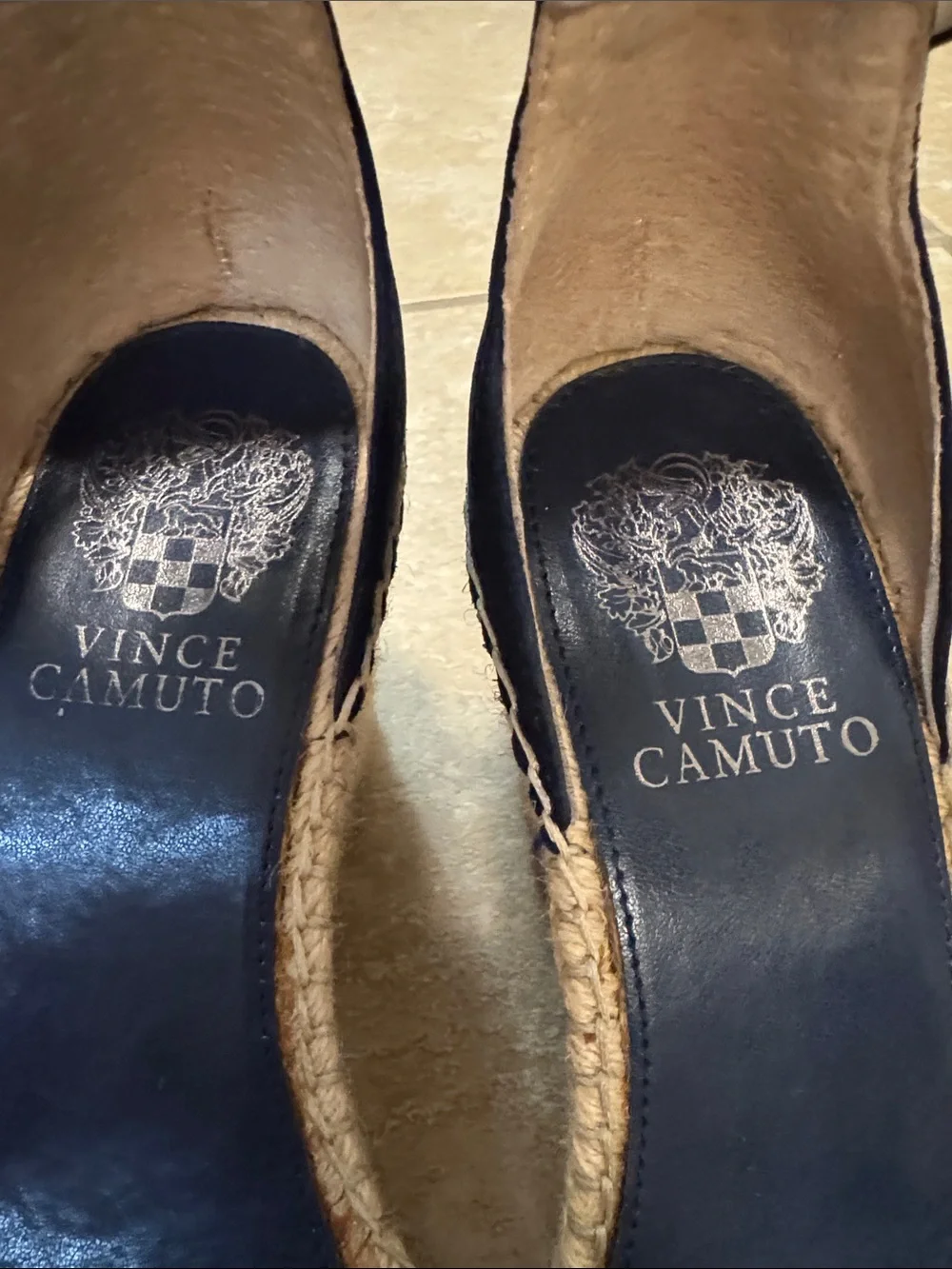 Vince Camuto Navy Suede Espadrille Wedge Sandals with Ankle Buckle